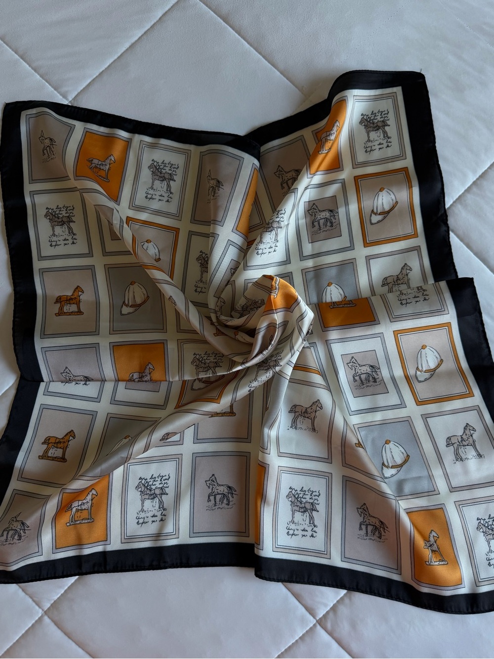 Equestrian Print Scarf in Ivory and Mustard